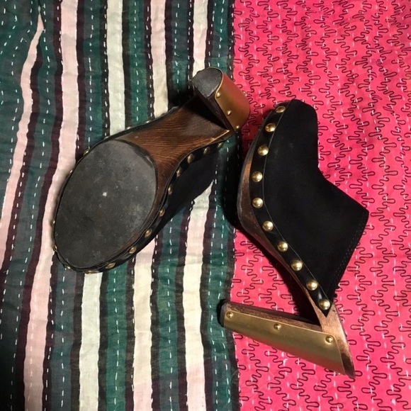 Miu Miu Suede Wood Gold Clogs, Size 38 (7.5-8 US), Approx 4 inch heel - Picture 2 of 4